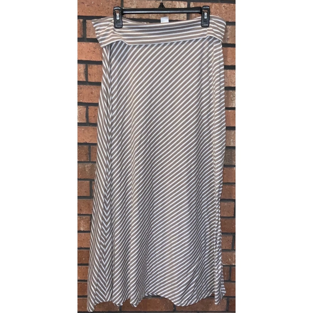 Hannah Womens Maxi Skirt Taupe White Striped Fold Over Waist Jersey Knit Size L